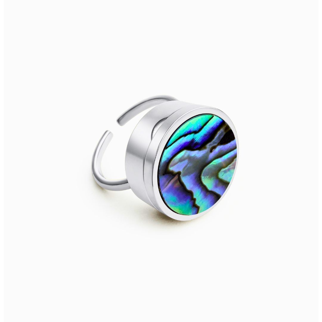 Blue Abalone Shell Lip Balm Ring in Stainless Steel