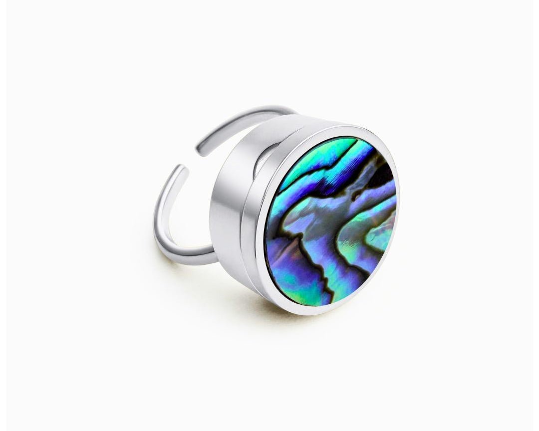 Blue Abalone Shell Lip Balm Ring in Stainless Steel
