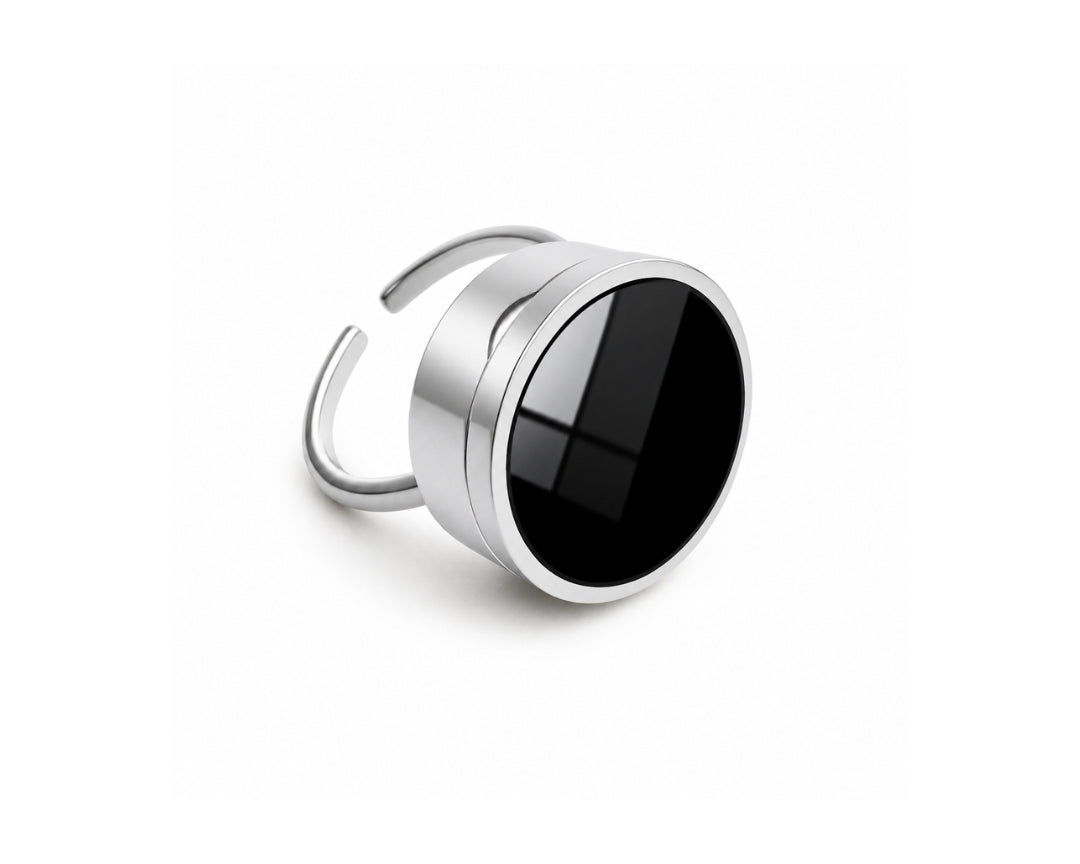 Black Onyx Lip Balm Ring in Stainless Steel