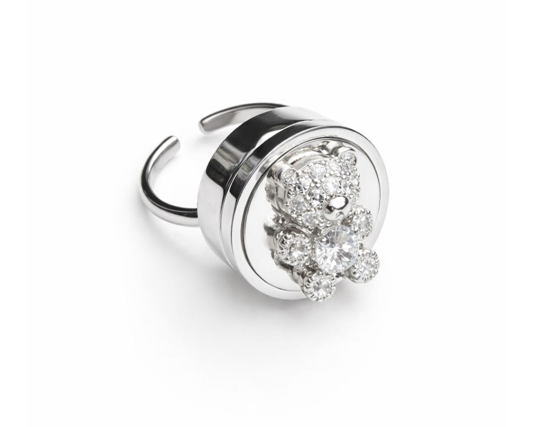 Crystal Bear Lip Balm Ring in Stainless Steel