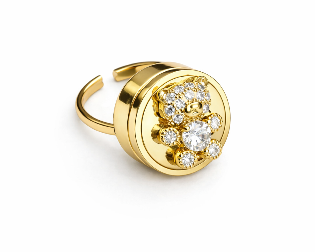 Crystal Bear Lip Balm Ring in 14K Gold